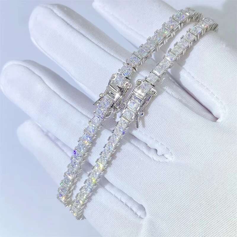 2.5-3mm D Color Princess Cut Moissanite Tennis Chain Bracelet 925 Sterling Silver Women Moissanite Bracelets Bangles Hiphop Gift