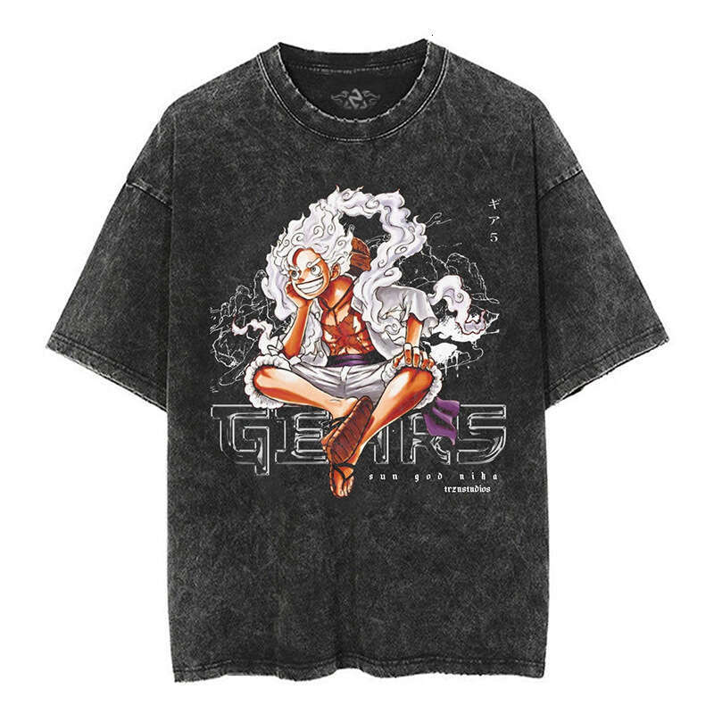 New Japanese classic One Piece Luffy anime oversize high street vintage washed wax printed short sleeved T-shirt