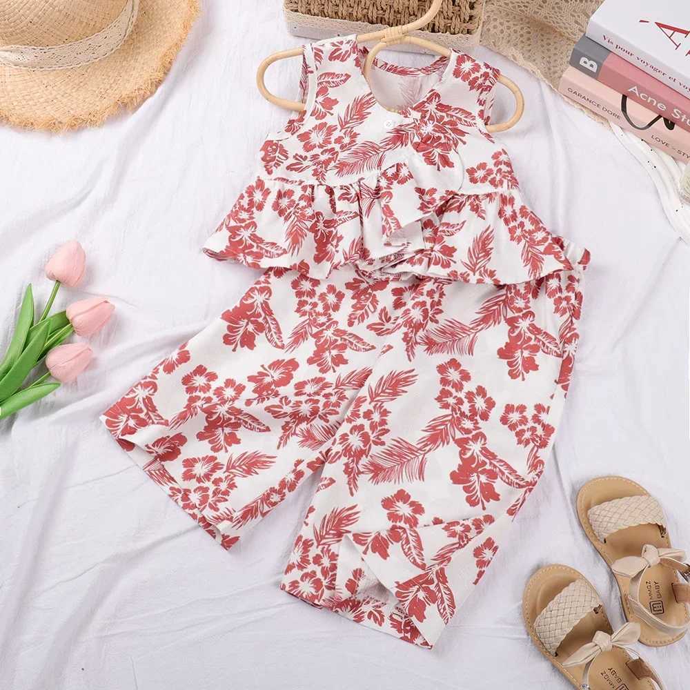 Summer new womens sleeveless printed shirt+wide leg pants set retro floral sleeves two-piece womens clothingXJ250410