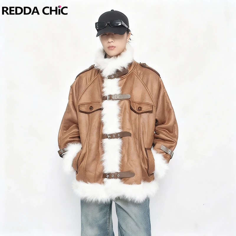 ReddaChic Faux Fur Suede Leather Bomber Jacket Men Buckle Belt Turtleneck Fleece Lined Warm Winter Coat Vintage Punk Outerwear 251106