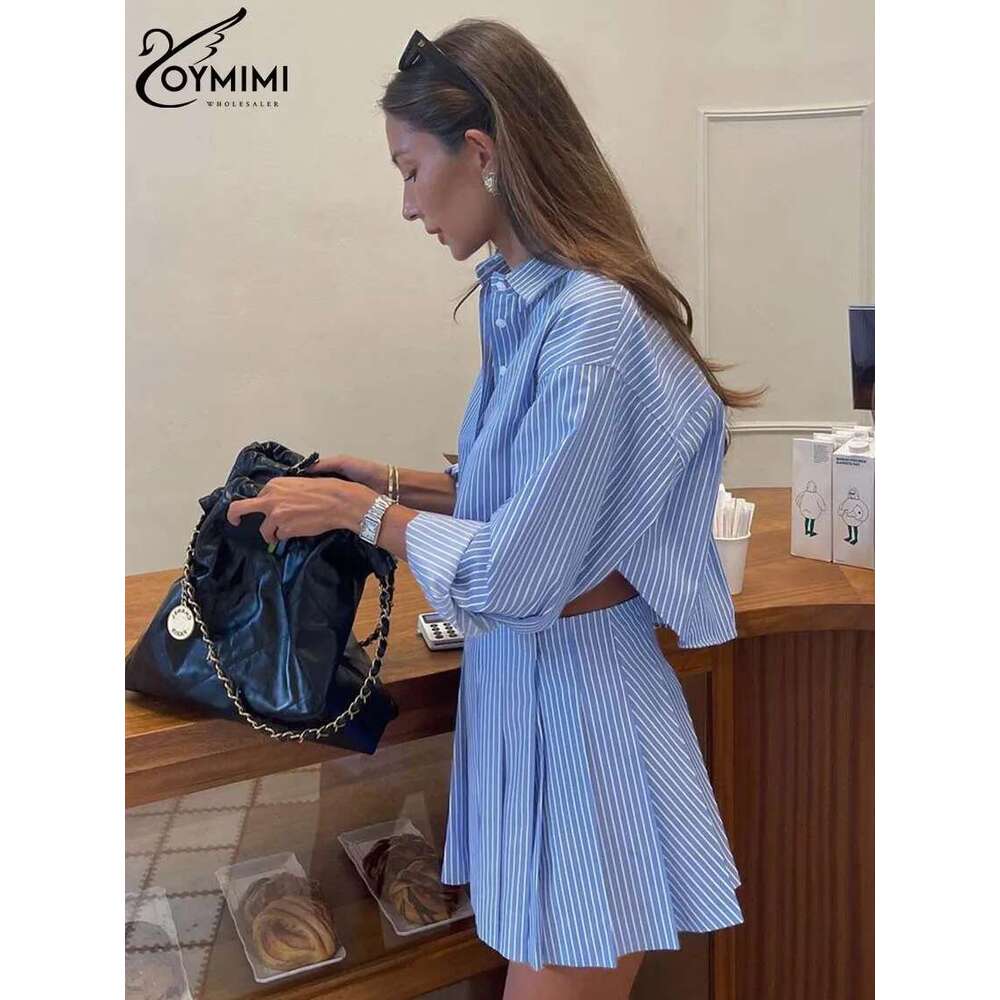 Oymimi Elegant Blue Striped Print Sets For Women 2 Pieces Fashion Long Sleeve Button Crop Tops And High Waist Pleated Skirts Set