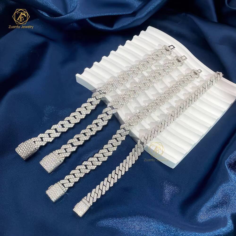 Factory Price 8mm 10mm 12mm Width 2 Rows 925 Solid Silver Iced Out Hip Hop Jewelry Moissanite Cuban Link Chain Bracelet for Men