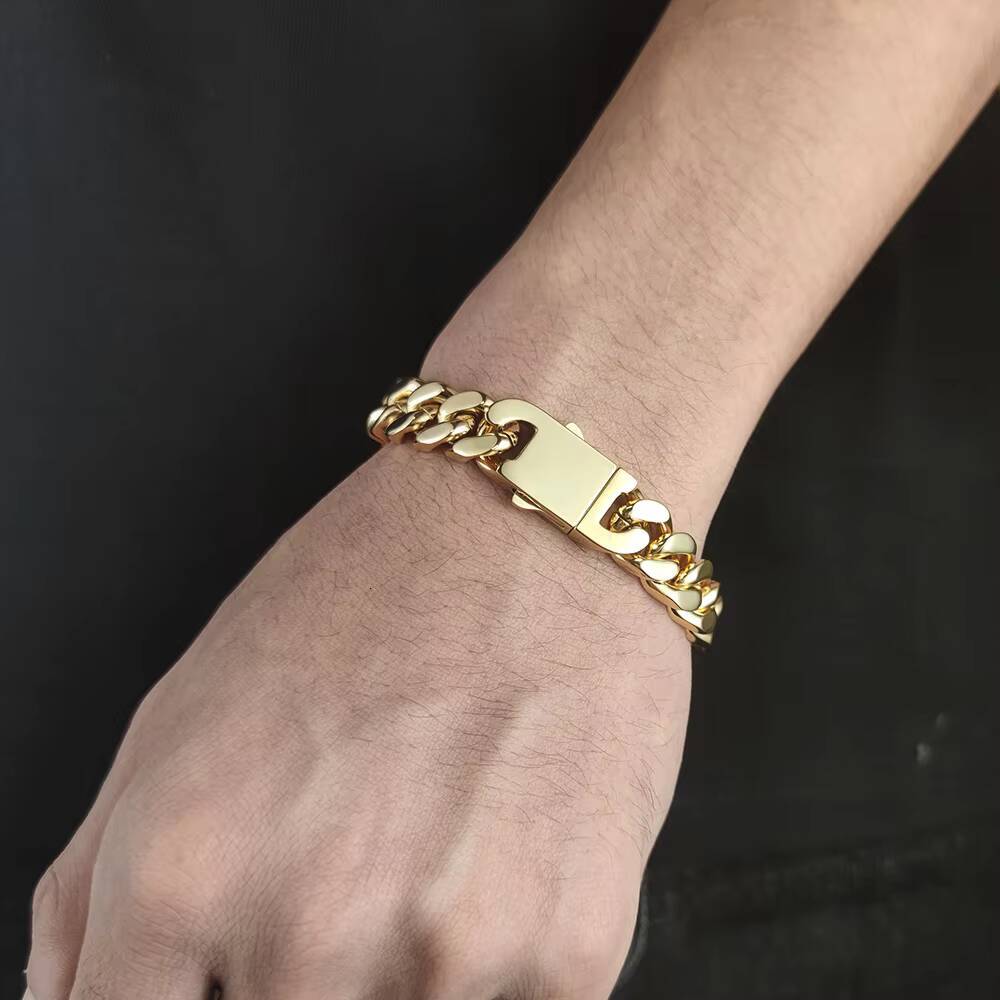 NUOYA Hip Hop Jewelry Men 18k Gold Plated Stainless Steel Miami Cuban Bracelet Cuban Link Bracelet for Gift