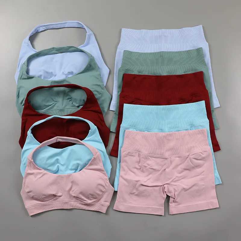 Impact shorts set seamless yoga set womens suspender sports bra low waisted twisted Bum gym shorts 2-piece sportswear exercise suitW250411