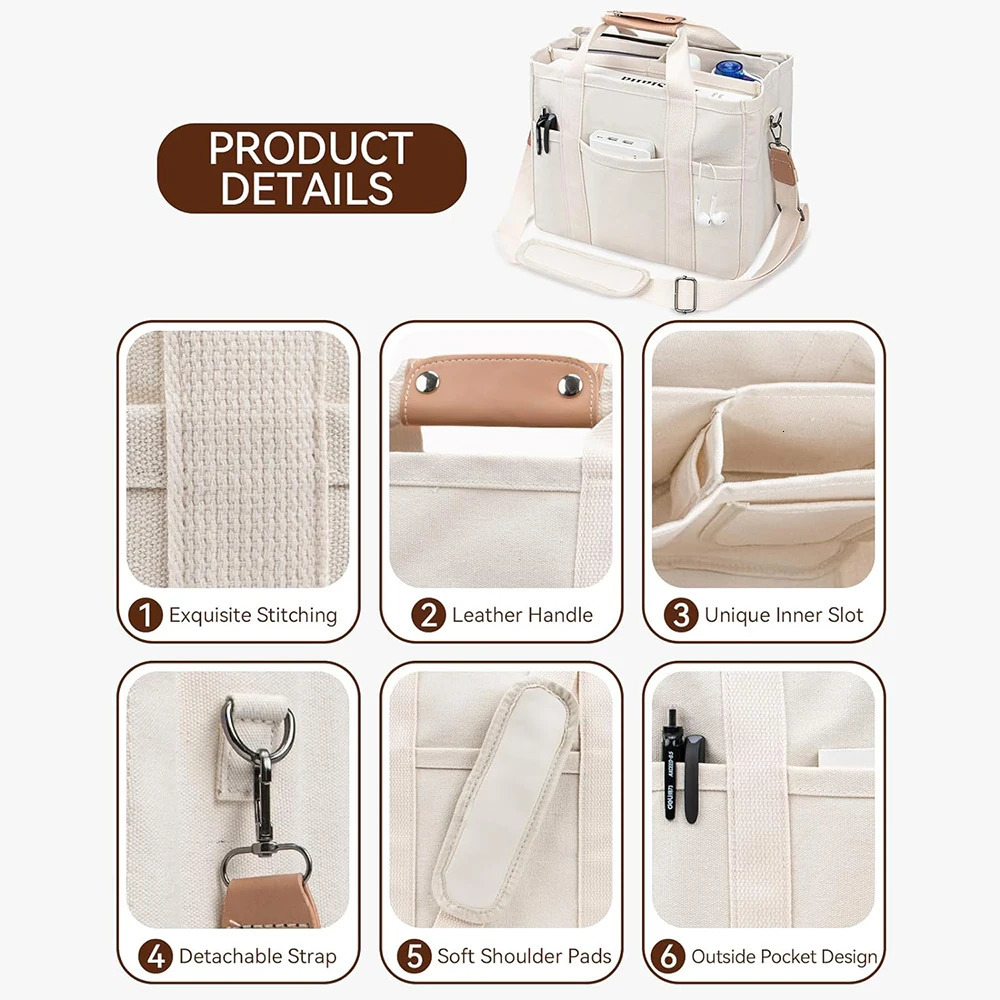 Womens Canvas Tote Bag with Multiple Pockets Large Capacity Shoulder Messenger Stylish Durable Versatile for Daily 251110