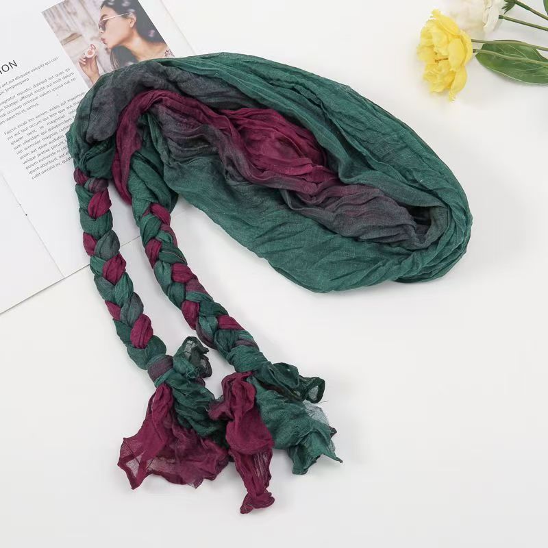 T456 Spring and Autumn new gradient color matching braided cotton and linen scarf female travel sun protection ethnic style Baotou scarf