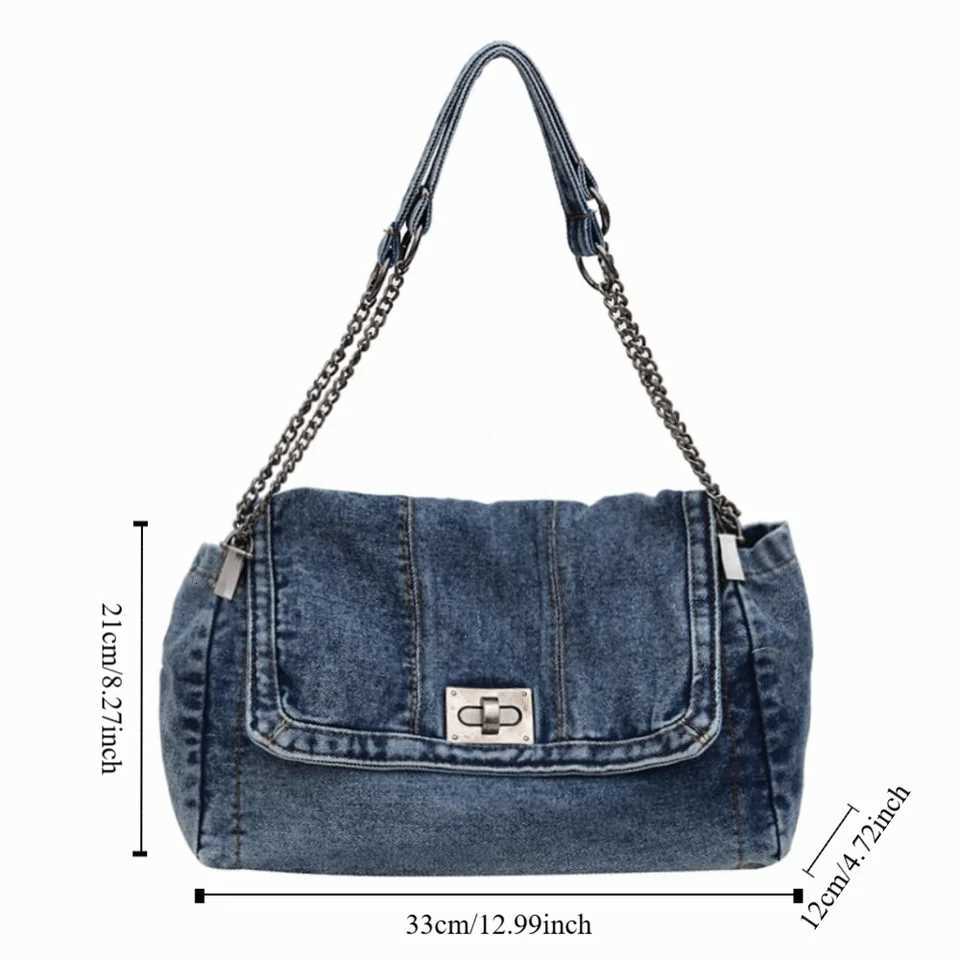 Shoulder Bag Denim Canvas Bag Metal Chain Street Style Vintage Handbag Shopping Bag Large Capacity Solid Crossbody Bag OutdoorT251110