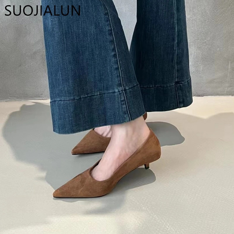 SUOJIALUN Autumn Women Pumps Shoes Fashion Pointed Toe Shallow Slip On Ladies Elegant Dress Pumps Thin Low Boat Shoes 251110