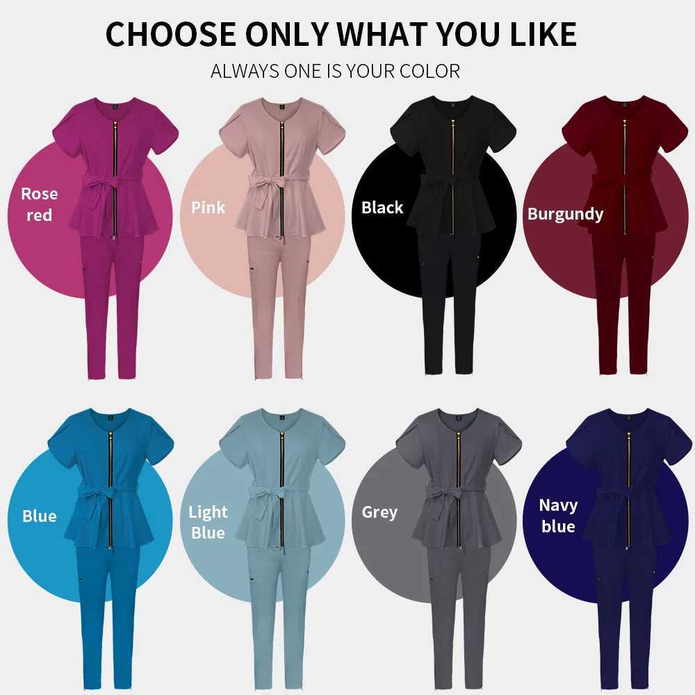 price Hospital detergent set womens pet clinic uniform solid color detergent set surgical gown with multiple pockets and belt X250410