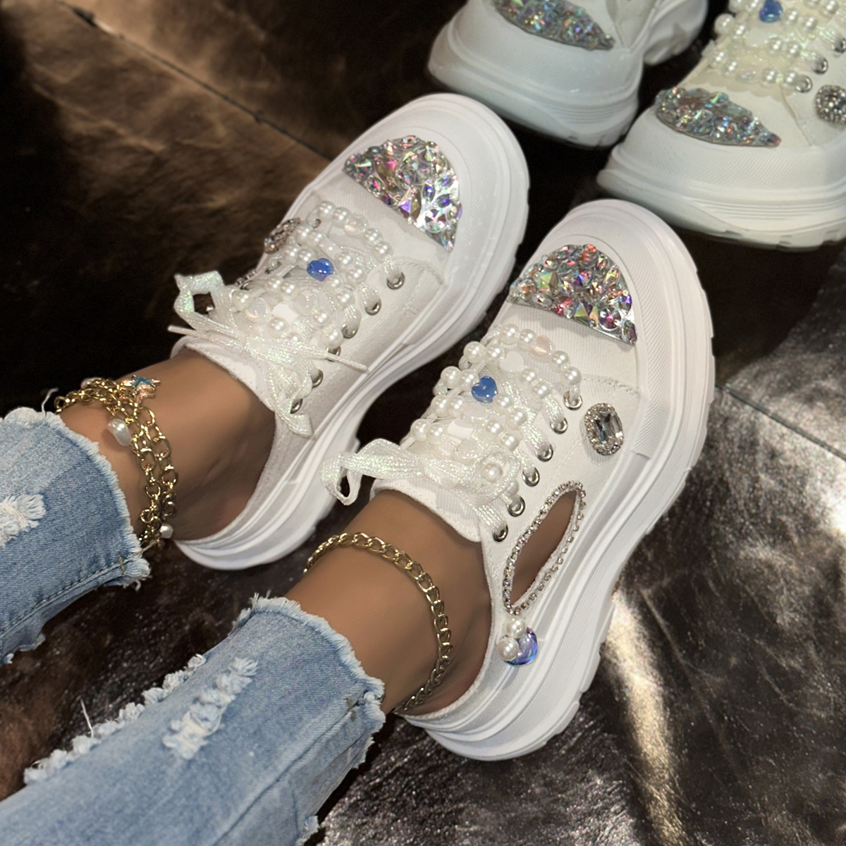 Sparkling Pearl Women's Canvas Shoes Casual Sports Shoes Women's Fashion Luxury Casual Shoes Lace up Sports Slippers Designer Outdoor Beach 