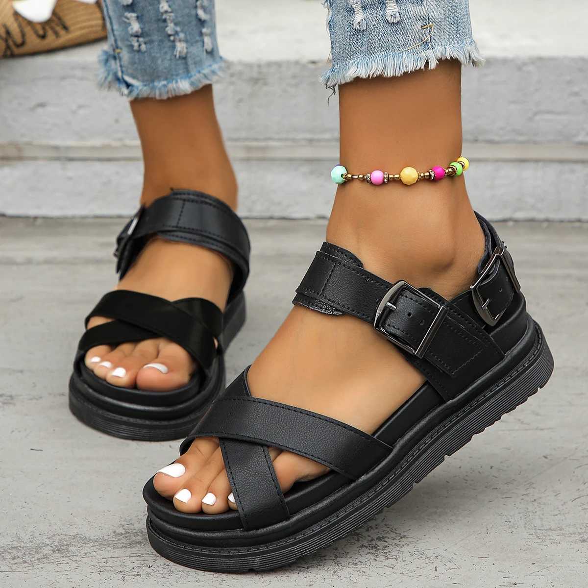 New black open weave wedge shoes womens summer beach sandals sexy womens PU leather sandals PU leather sandals Plus size 43XJ250410