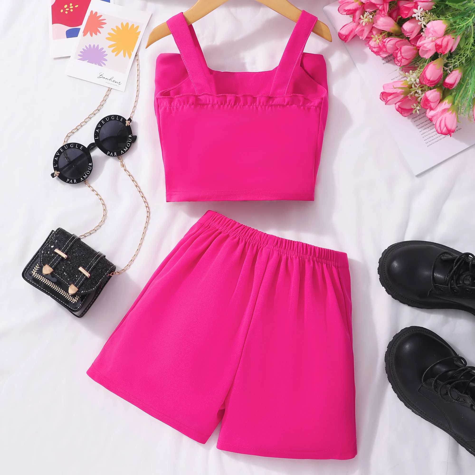 Rose Red Childrens Clothing Set Summer Bow Vest+Shorts 2PCS Cute Fashion Casual Preschool Girl Set 2 3 4 5 6 7 YrsXJ250410