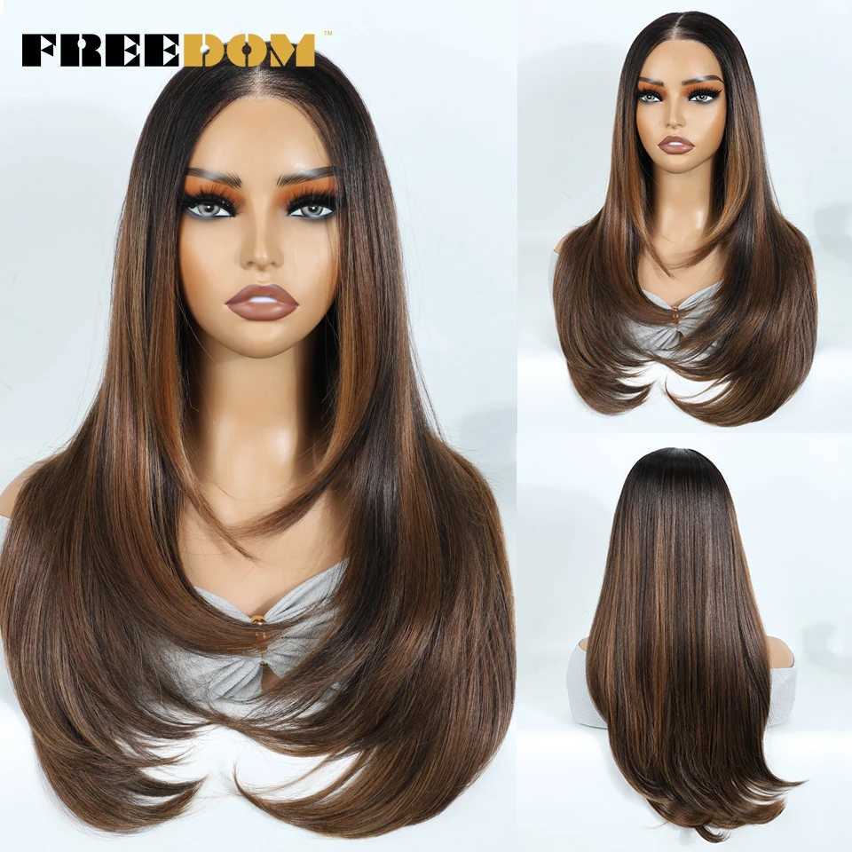 Synthetic Lace Front Wigs For Black Woman Layered Straight Wear and Go Glueless Wigs Ombre Brown T Part 6x4 Pre Plucked WigT251111