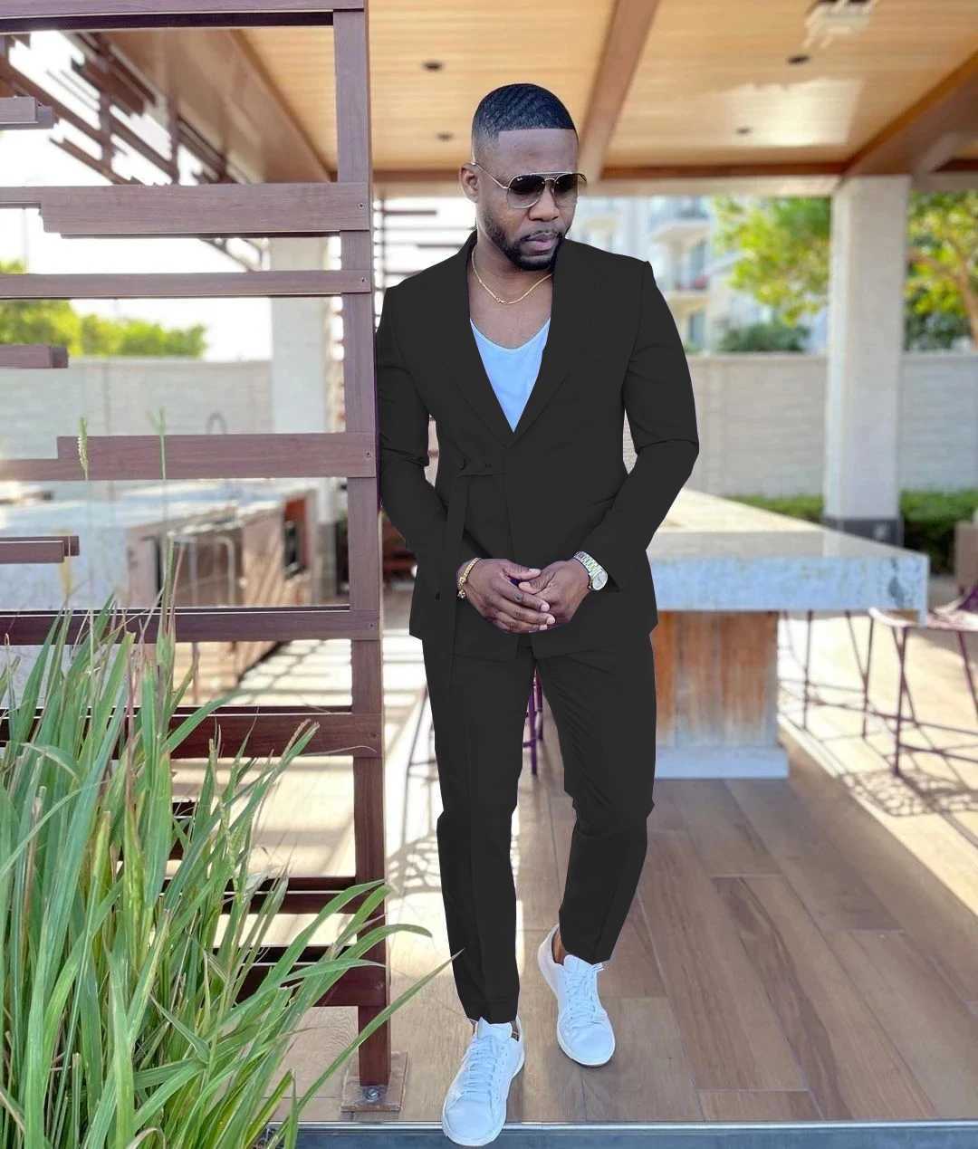 Casual peach mens double chest slim fit mens custom 2-piece jacket pants elegant full set mens clothing W250410