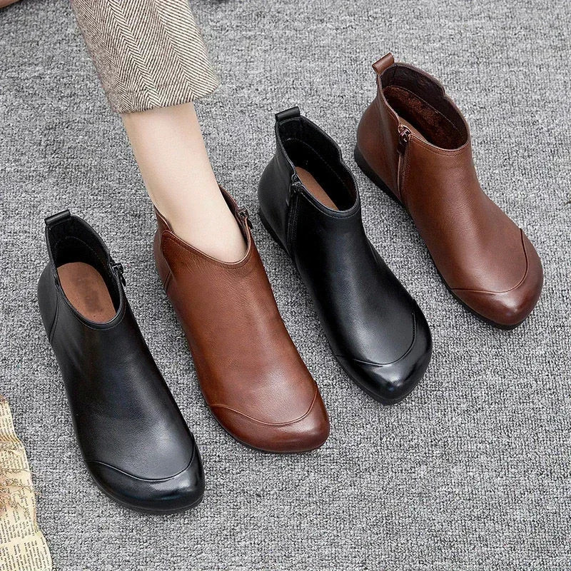 Spring Flat Womens Shoes Fashion Ankle Boots Retro Casual Plus Size Short Boots Zipper Solid Color Warm Flat Zapatos Mujer 251110