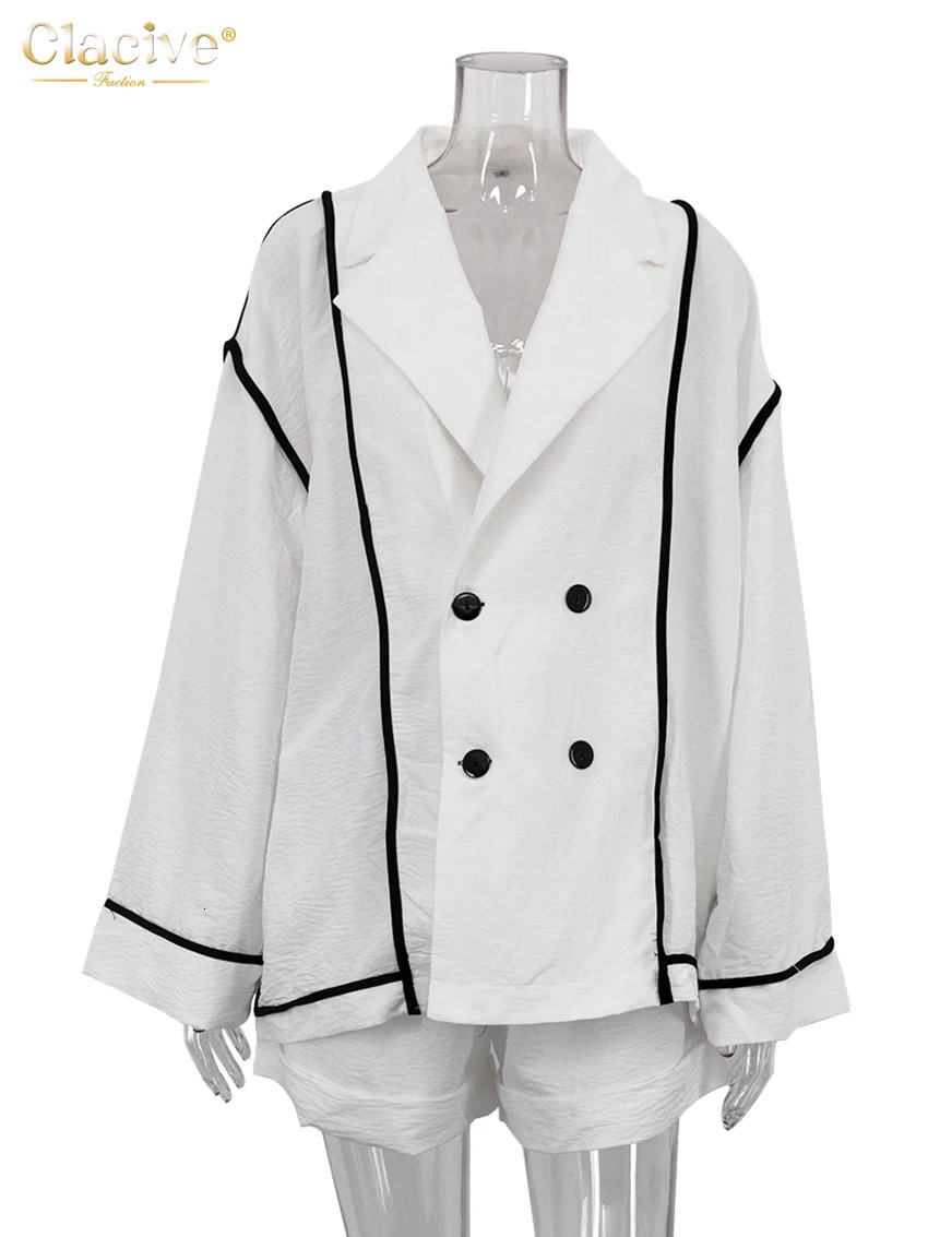 Clacive Fashion Loose White 2 Piece Sets Women Outfit Casual Long Sleeve Shirt With High Waist Shorts Set Female Streetwear 251105