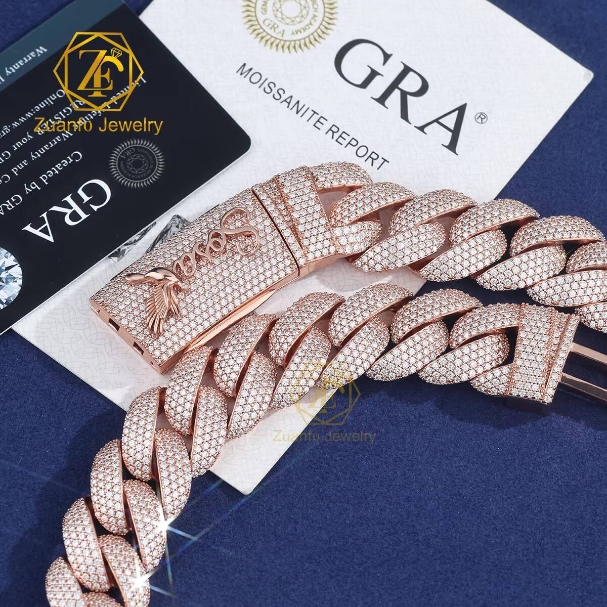 Wholesale Price White Rose Gold Moissanite Cuban Necklace Engraved Letter and Dove Buckle 15mm 16mm 18mm Miami Cuban Link Chain