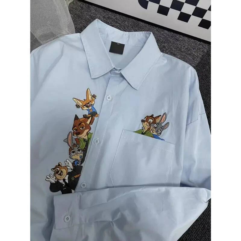 Disney Zootopia blue long sleeve shirt women's spring and autumn cute cartoon personality cardigan fashion simple top holiday gift