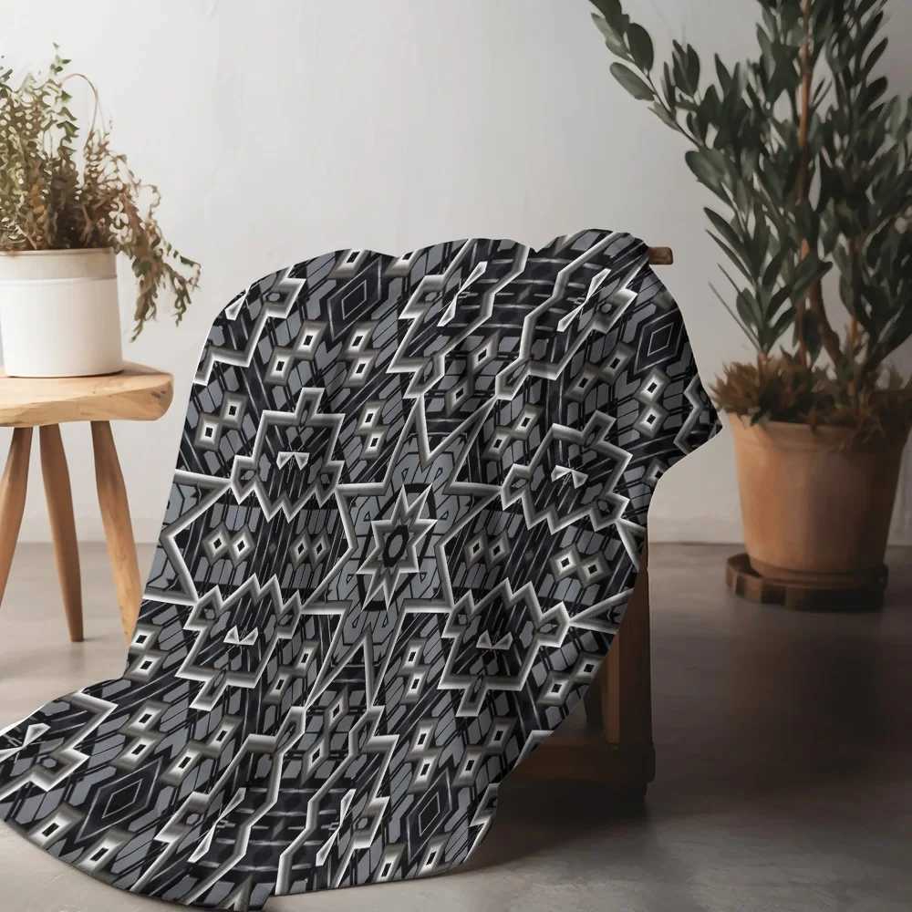 Black Gray Geometric Pattern Fleece Blanket Throw Soft Warm Bed Sofa Cover Decorative Throw Blanket C251111