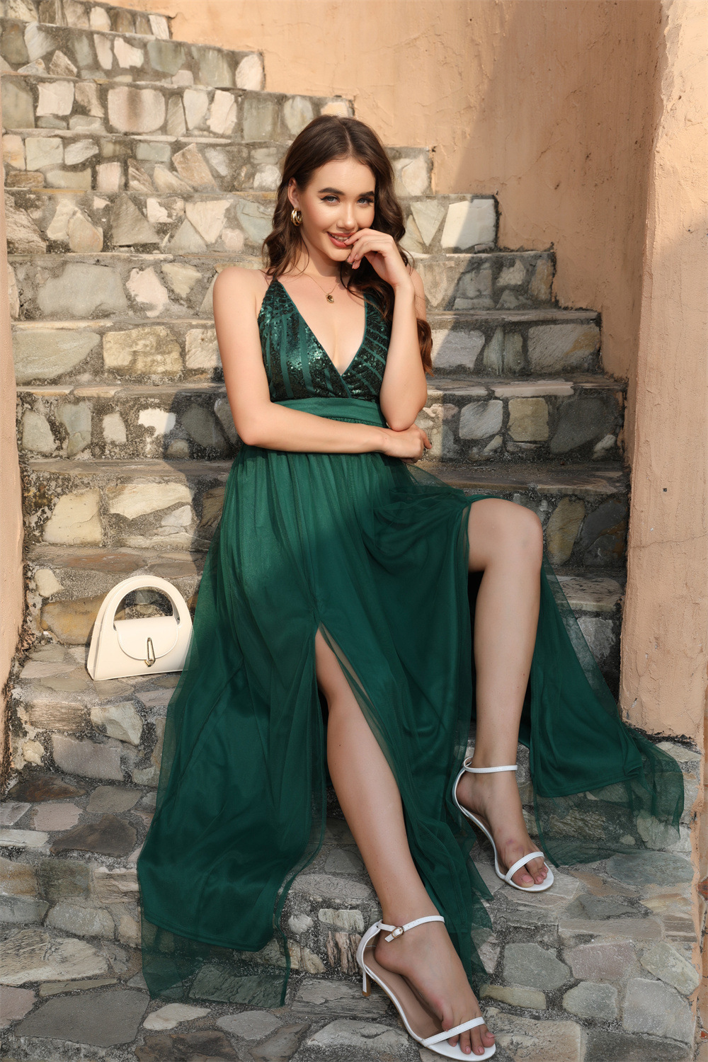Sexy new split design with sequin suspender mesh dress and long skirt