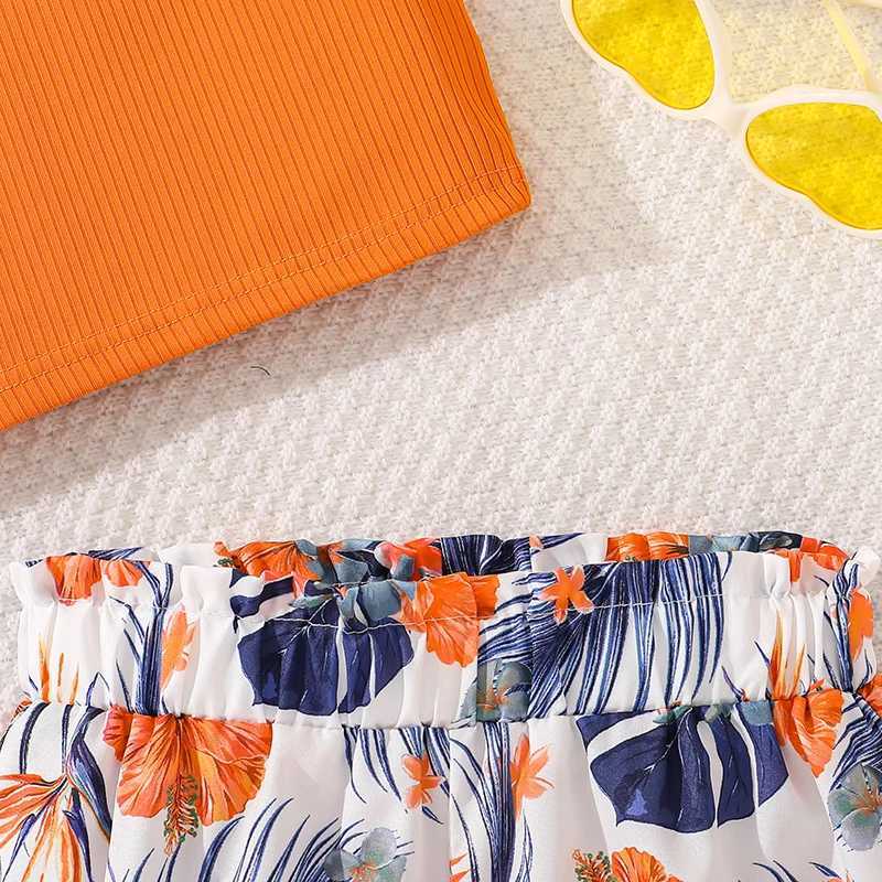 Fashion 8-12 year old childrens and girls clothing set orange asymmetrical suspender and printed mini countryside sled leisure vacation setXJ250410