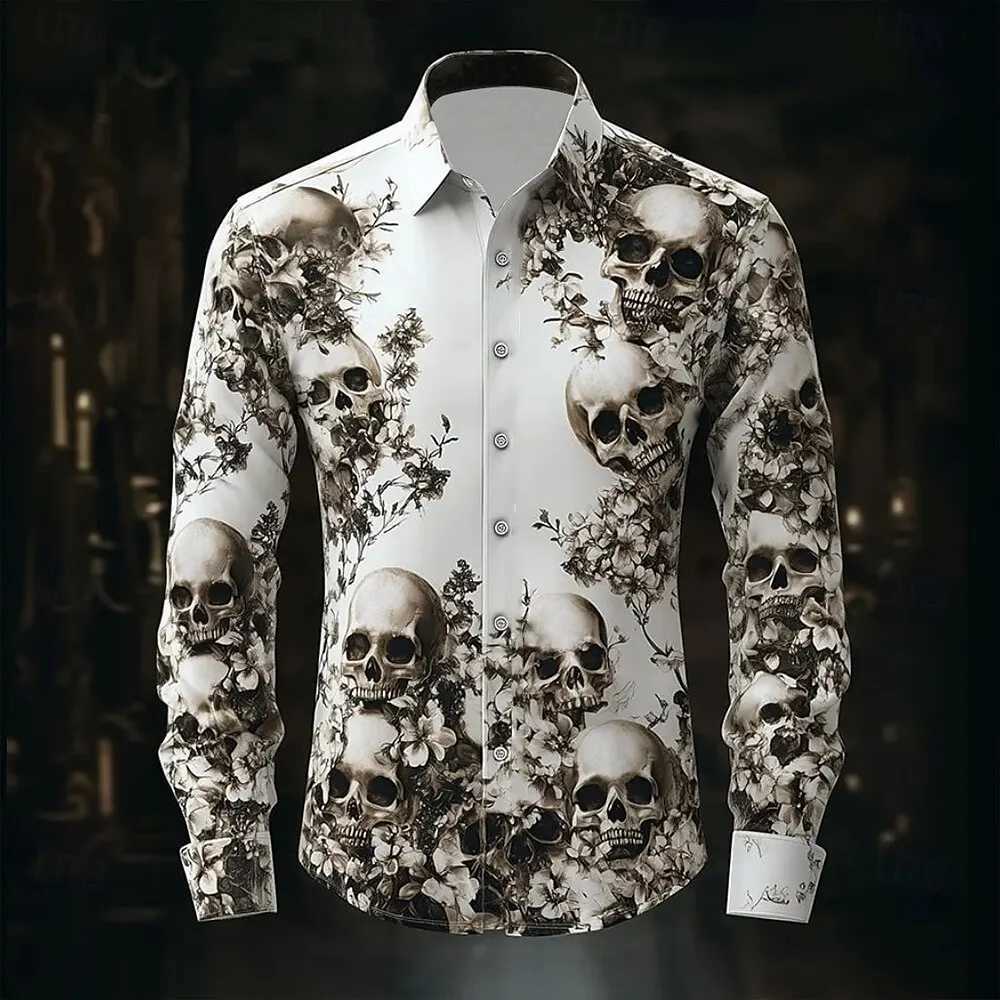 2025 Halloween Theme Mens Halloween Costumes Skulls Shirt Button Up Shirt Casual Dress Shirt Long Sleeve Dark Gothic Style Tops K251110
