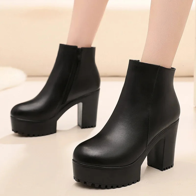 8cm 10cm Small Size 33-43 Thick Bottom Platform Shoes Ankle Boots with Fur Block High Heels Genuine Leather Boots Office 251110