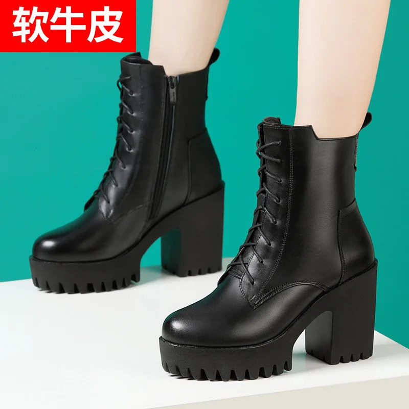 Ladies Genuine Leather Thick High Heels Shoes For Fashion British Style Platform Sports Boots WomenS Autumn Wedge Winter Boots 251110