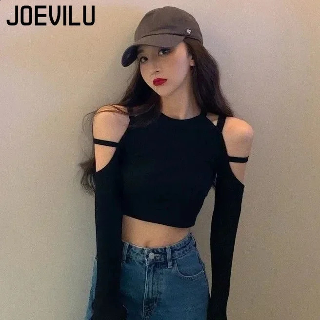 JOEVILU Hollow Top Shoulder Sexy Long Sleeve Tshirt Womens Korean Harajuku High Waist Tight Bottom Shirt 250407