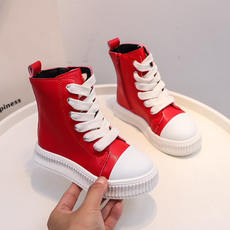 Kids Leather Boots Street Style Fashion Lace Up Boys Girls Platform Waterproof Ankle Boots Kidszworld Toddler Shoes Sneakers Sizes 26 - 36 K0215