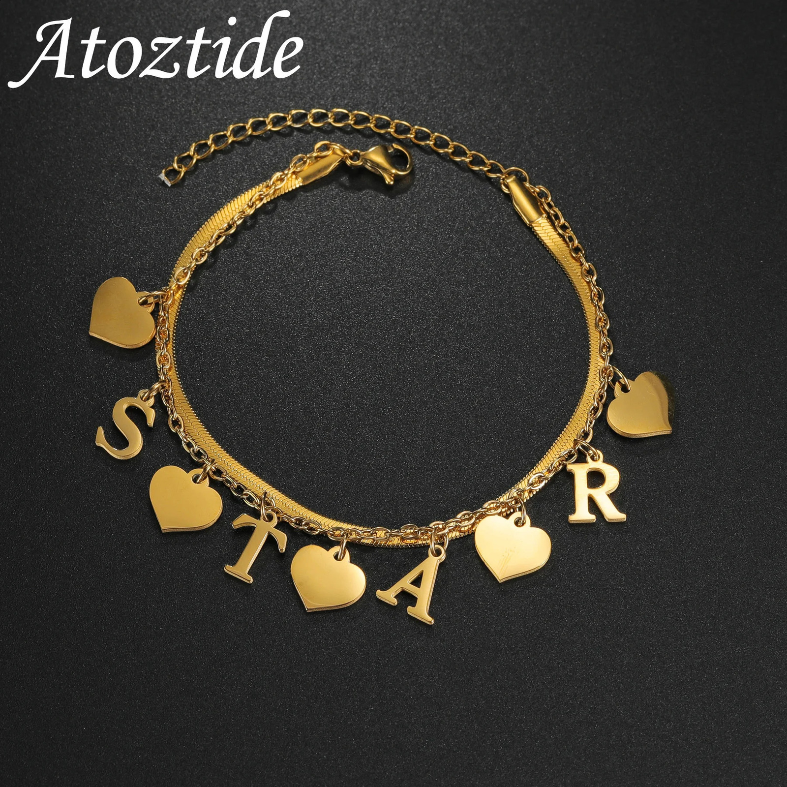 Atoztide personalized customization name bracelet 2-layer heart-shaped star stainless steel letter handmade blade chain bracelet jewelry gift 250408