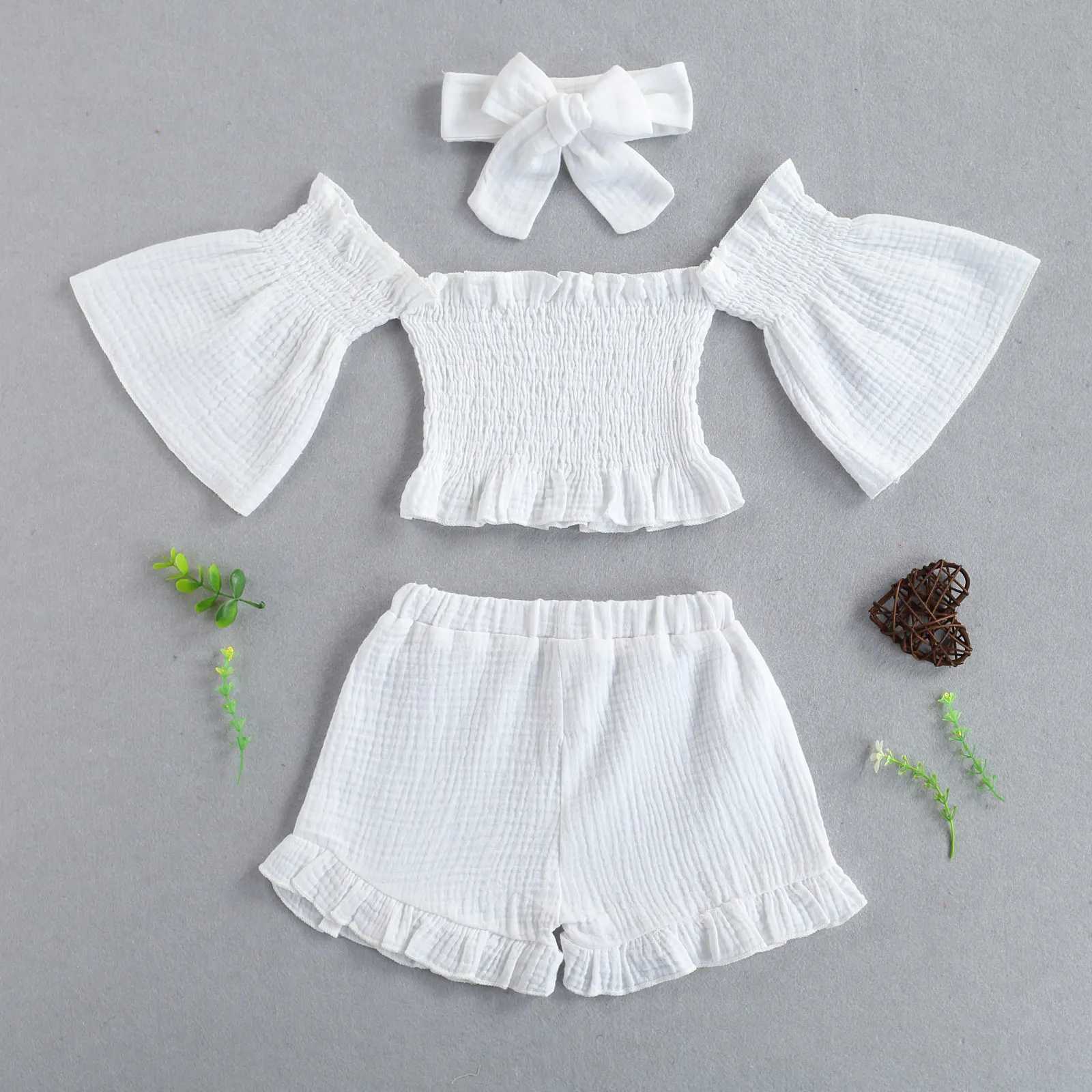 3 baby solid color sets baby girl shoulder flap sleeves boat neck top+pleated shorts+bow headband 1-6TXJ250410