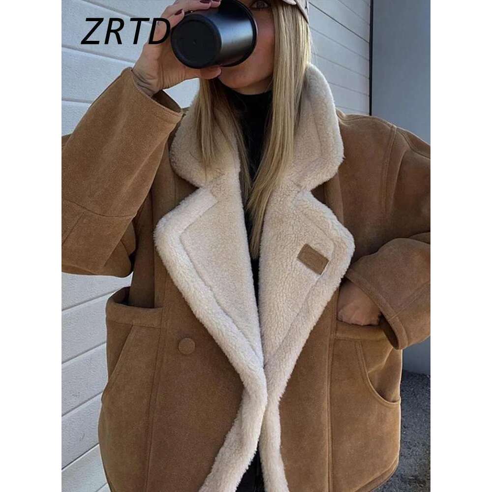 Casual Women's Fleece Coats Loose Lapel Single Breasted Pocket Full Sleeve Jacket 2024 Autumn Winter Lady Vintage Warm Overcoat