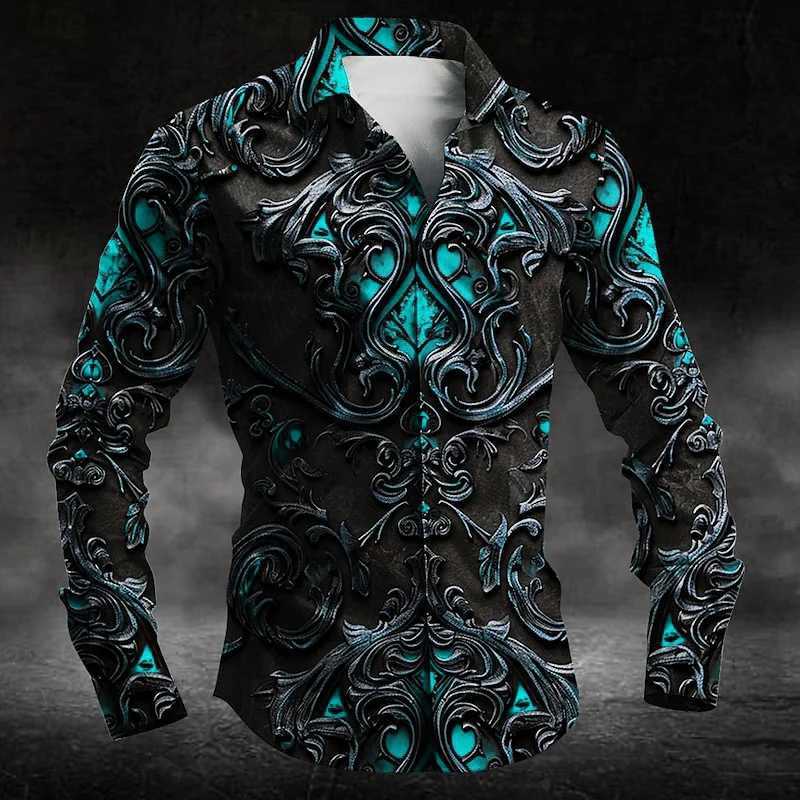 2024 Fashion Mens Collar Button Long Sleeve Shirt New 3D Printed Gradient Pattern Mens Shirt Casual Design Clothing Top K251110