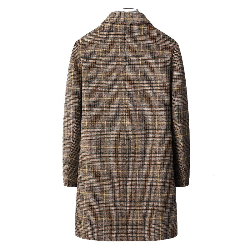 Fashion Thickened Autumn Plaid Wool Coat Men's Slim Fit Mid-Length Woolen Trench Coat Jacket