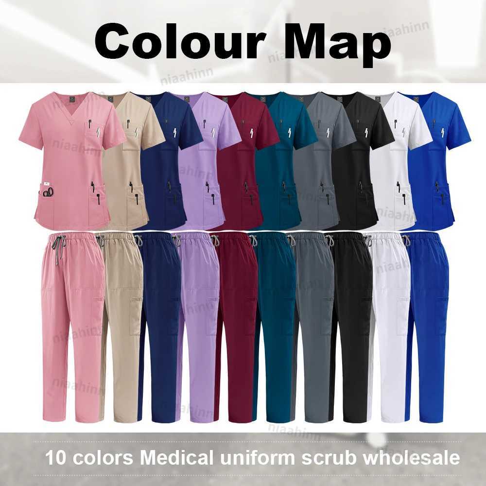 Multicolor Scrubs Uniform Womens Short Slue Top+Pants Scrubs Set Nursing Uniform Pet Shop Doctor Scrub Medical Surgery Work Clothes X250410