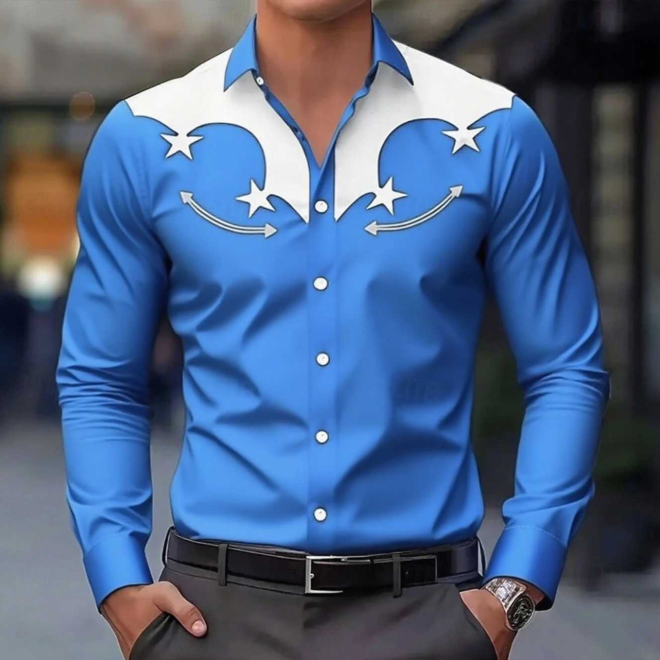 Mens Long Sleeve Shirt Western cowboy Shirt Denim Shirt Retro Nostalgic Outdoor Vacation Autumn Lapel 3D Printed Men Clothing K251110