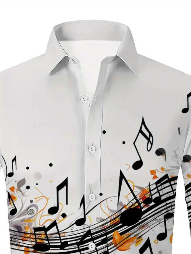 Mens Boho Chic Note Print Shirt Black Orange Music Design Button Up Long Sleeve Regula K251110