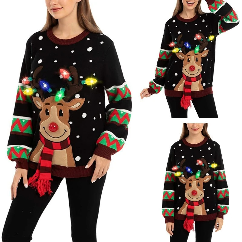 Women LED Light Up Holiday Sweater Christmas Cartoon Reindeer Knit Pullover Top 251106