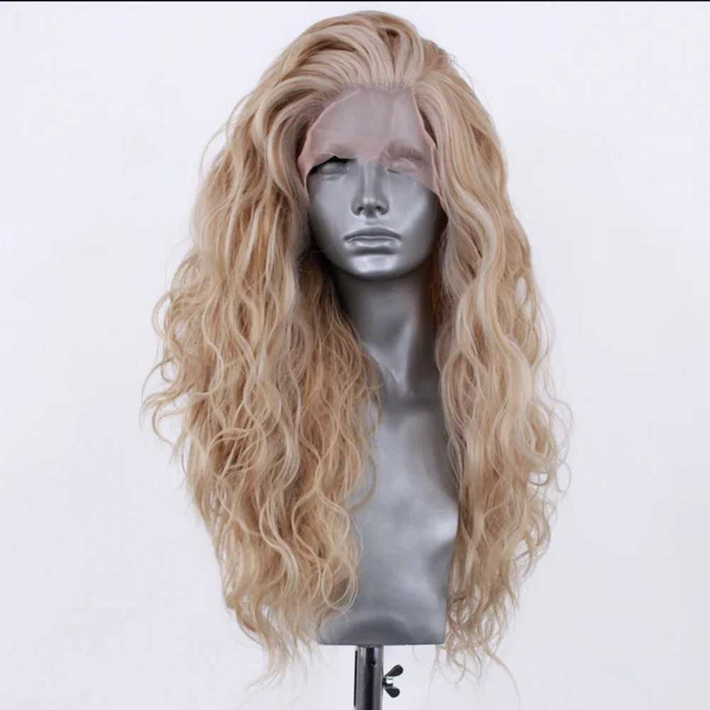 AIMEYA Long Wavy Blonde Synthetic Lace Front Wig for Women Fashion Style Lace Wigs Free Part Heat Resistant Fiber Wig CosplayT251111