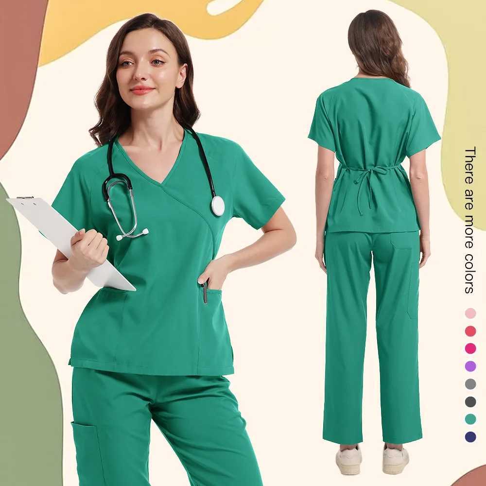 Women Medical Uniforms Elastic Beauty Workwear Blouse+Straight Pants Hospital Scrubs Set Surgical Tops Pants Nursing Accessories X250410