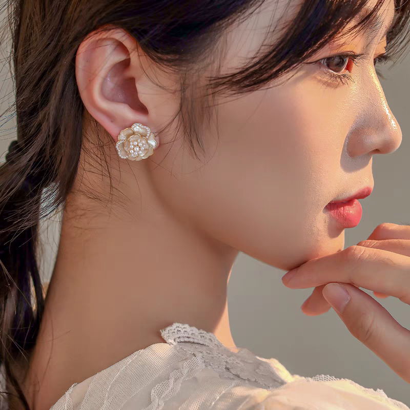 Chic White Floral Studs for Women - Dainty Camellia Design Earrings
