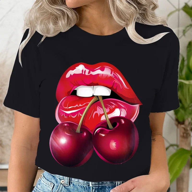 Summer Clothing LIPS CHERRY Print T-Shirts Short Sleeve Ladies Casual Women Fashion Graphic Tee T-shirts Female T Shirt Clothes 250410