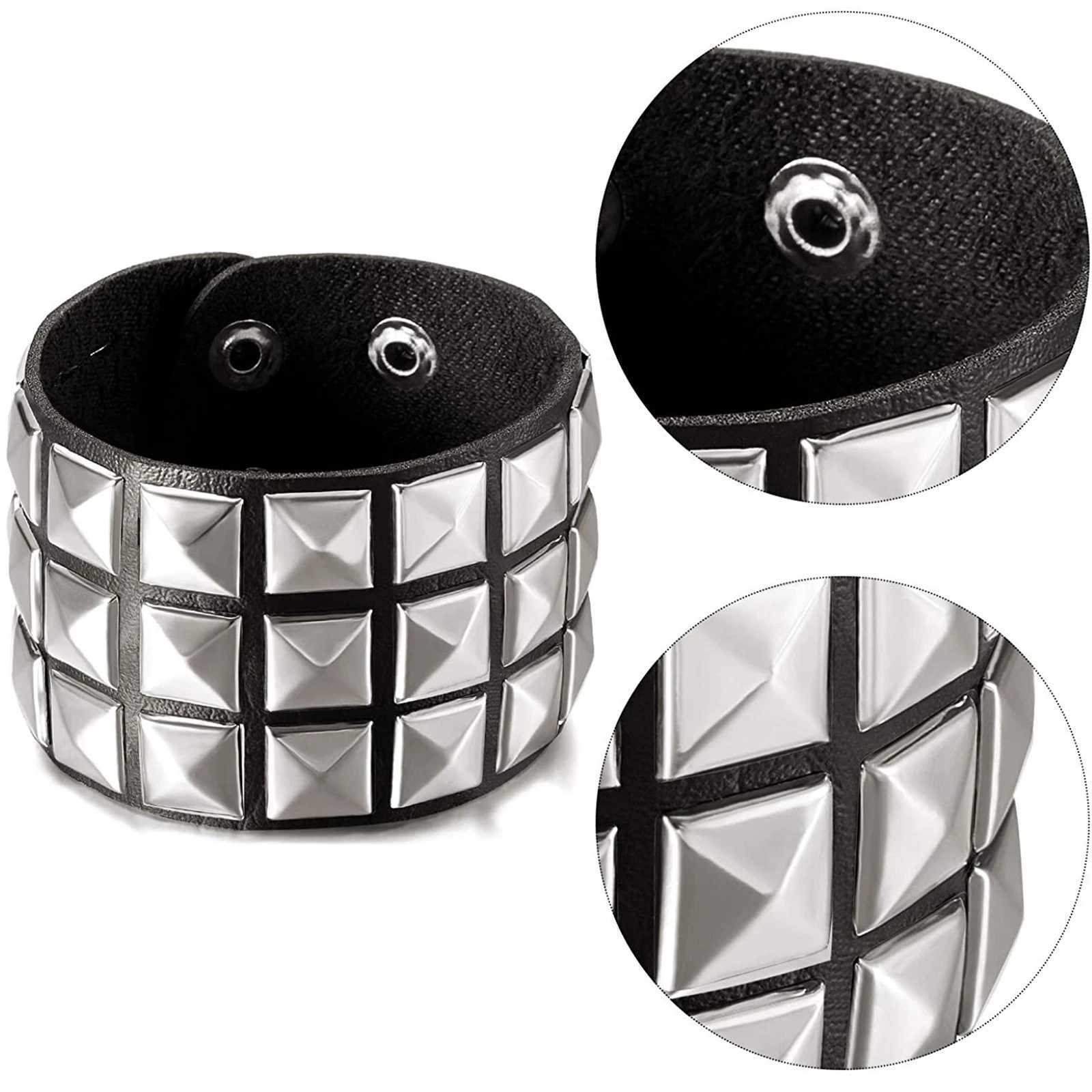 3Pcs Studded Punk Bracelets for Men Women Buckle Cuffs Pyramid Wristband Rivet Cuff Bangle Wear Proms Rock Costumes Black L251111