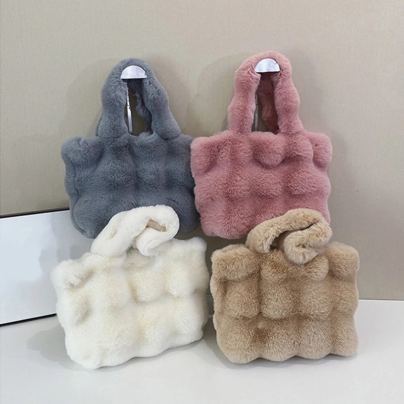 Women Fluffy Shoulder Bags Autumn Winter Tophandle Handbag Girls Plush Tote Bag Solid Color Versatile Handle 251103
