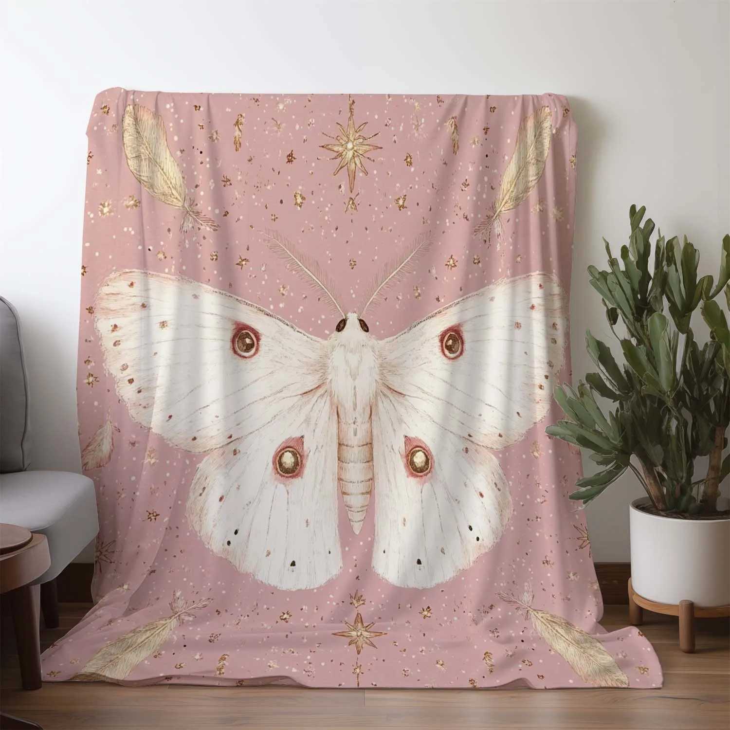 1pc Sdoo Vintage Flannel Blanket - Pink Artistic Moth Star Print Soft Warm All-Season Throw for Sofa Bed Car Camping Office C251111