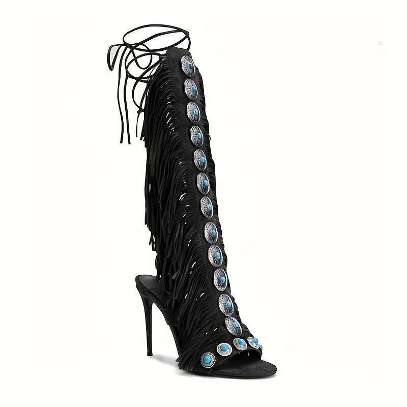 Women's Ultra-High Heel Knee-High Fringe Boots Strappy Lace-Up Ankle Strap Open-Toe Sandals With Tassel Charms, All-Season Dressy Shoes For Parti