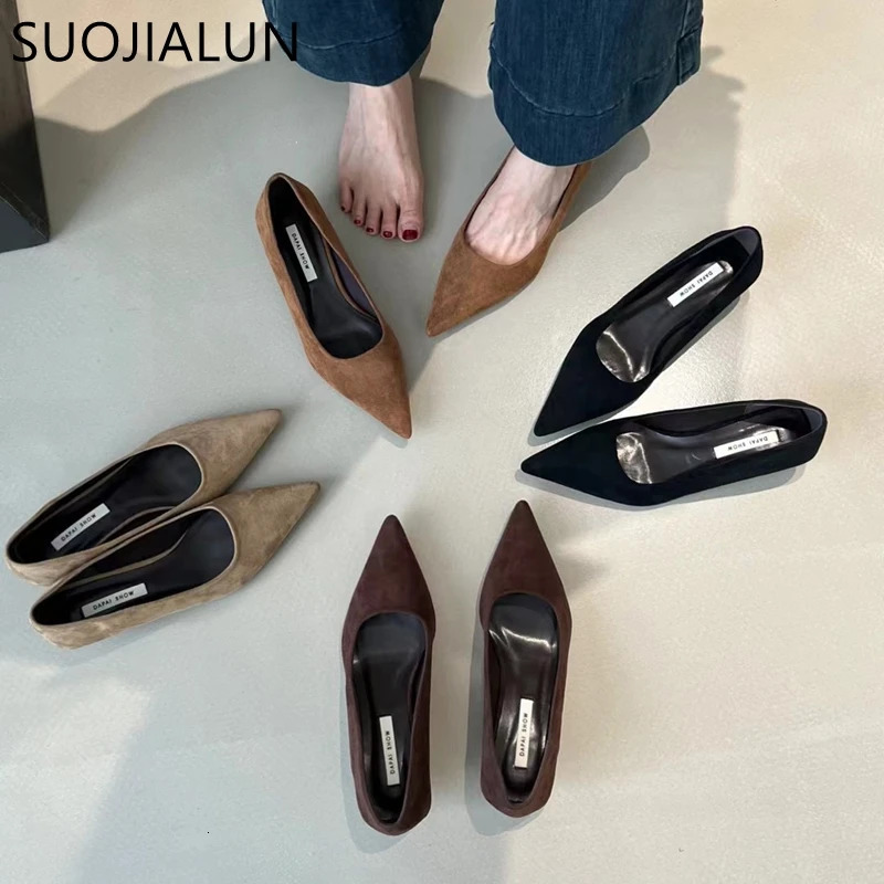 SUOJIALUN Autumn Women Pumps Shoes Fashion Pointed Toe Shallow Slip On Ladies Elegant Dress Pumps Thin Low Boat Shoes 251110