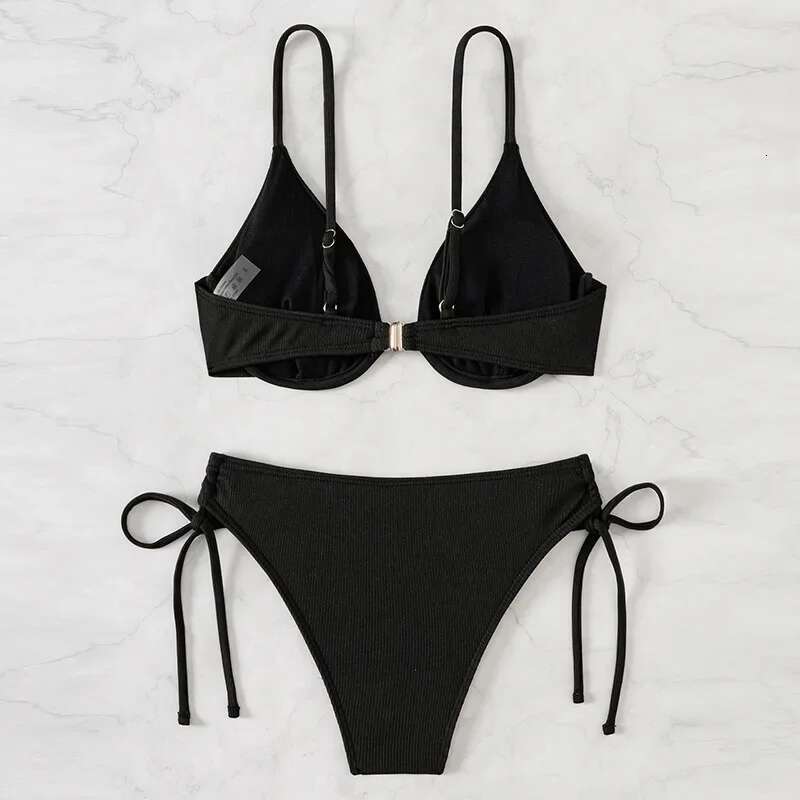 Sexy Gathered Backless Bikini Women's Pure Color Strap Steel Support Separable Swimwear Trendy 2024 New Model Hot Sale