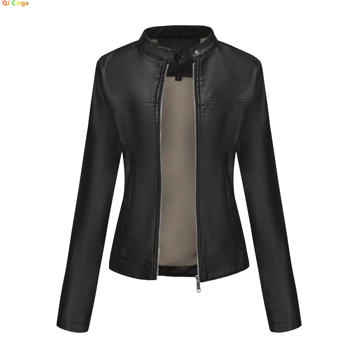 Black Womens Fitted Leather Jacket with Front Zipper Side Pockets Available in Brown Navy Blue and Beige 251103
